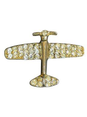 Gold-Tone Airplane Brooch Clear Rhinestones Vintage-Inspired Pin-Back Closure
